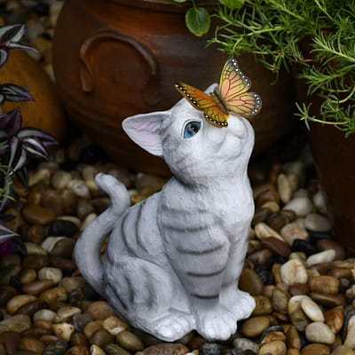 Estatua gato mariposa solar decorativa con luz para jardín